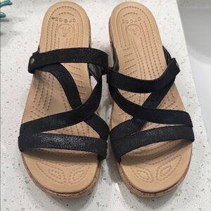 CROCS Women's Wedge Cork Black Strappy Sandals